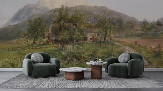 Antique Dobratsch Mountain and Farmhouse Landscape Wallpaper, Emil Barbarini Art, Traditional and Peel and Stick Wallpaper