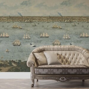 Vintage Sailing Ships And Harbor Scene Wallpaper, Nautical Pell and Stick Wallpaper, Historic Maritime Landscape Removable Wall Mural