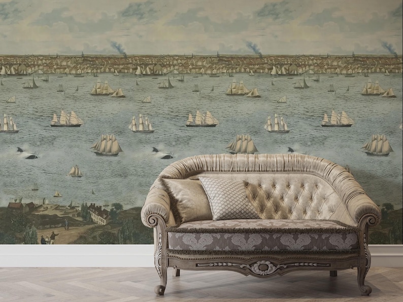 Vintage Sailing Ships And Harbor Scene Wallpaper, Nautical Pell and Stick Wallpaper, Historic Maritime Landscape Removable Wall Mural