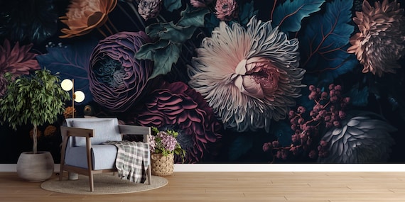 Dark Floral Wallpaper - Moody Vintage Botanical Peel & Stick Wall Mural