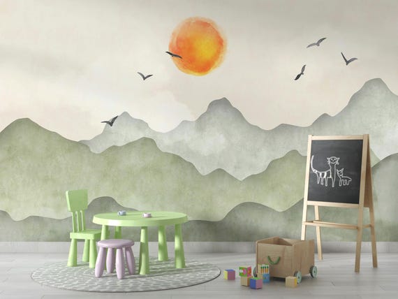 Boho Soft Green Mountain Kids Wallpaper, Sunset & Soft Sky Watercolor Wall Mural, Serene Nature Art, Green Hills and Sunset Nursery Decor