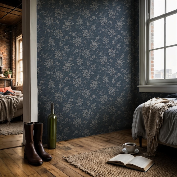 Dark Blue Tendrils Vintage Wallpaper for Boho Home Decor, Floral Blue Pattern, Traditional and Peel and Stick Wallpaper