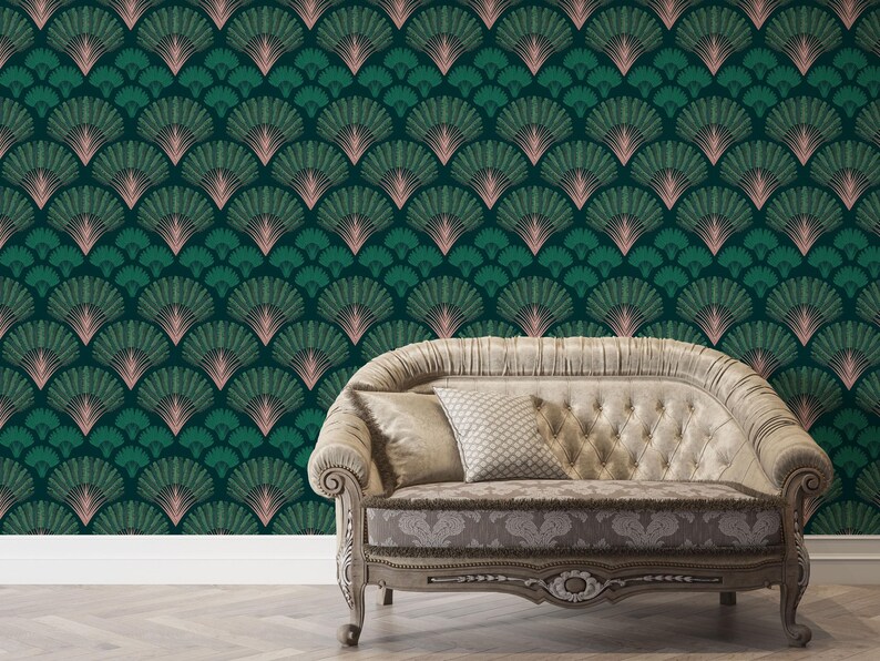 Art Deco Palm Leaf Wallpaper Mural: Dark Green Tropical Wall Decor ...