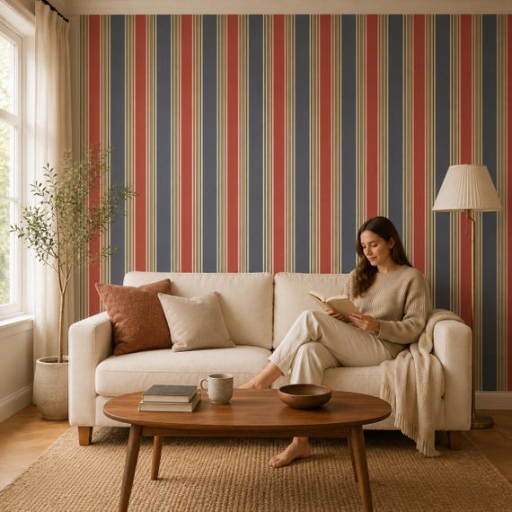 Gothic Striped Wallpaper | Victorian Red and Blue Haunted Mansion Wall Mural, Spooky Halloween Peel and Stick