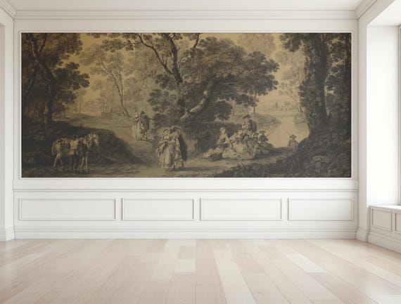 Vintage Fête Champêtre Wallpaper, Antique French Country Scene, Traditional and Peel and Stick Wallpaper
