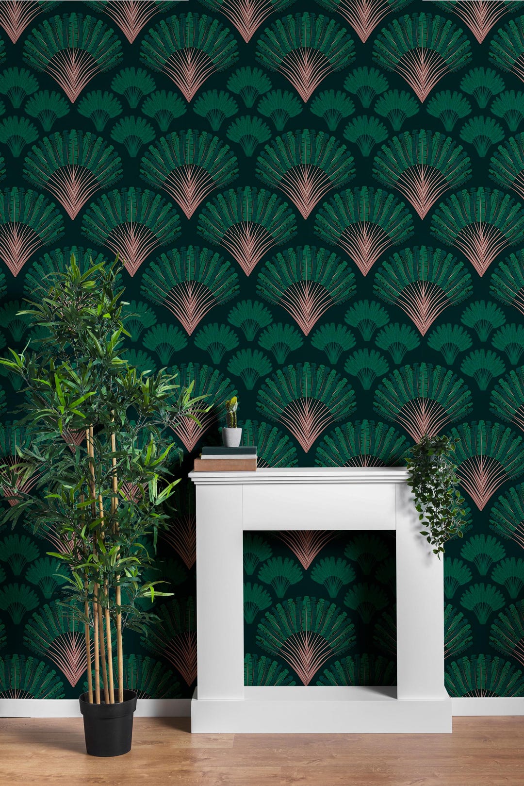 Art Deco Palm Leaf Wallpaper Mural: Dark Green Tropical Wall Decor - Etsy