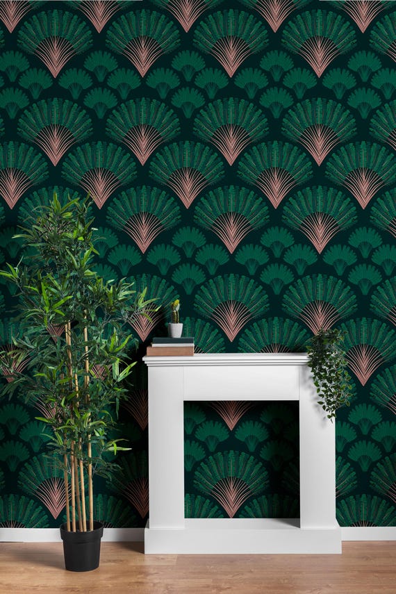 Fan Palm Leaf Pattern Wallpaper – Art Deco Tropical Wall Mural – Dark Green Botanical Wall Decor – Exotic Jungle Pattern for Interior Decor
