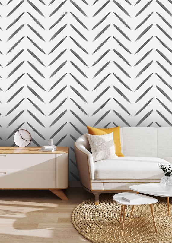 Watercolor Herringbone Wall Art, Geometric Pattern Wallpaper, Traditional and Peel and Stick Wallpaper