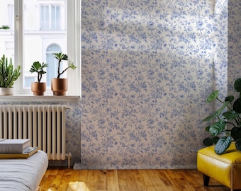 Chinoiserie Toile de Jouy Wallpaper, Blue and White Vintage Floral Mural
