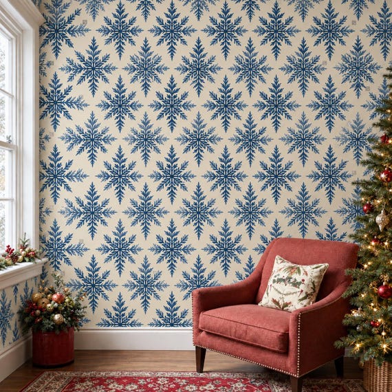 Blue Snowflake Wallpaper | Vintage Winter Mural | Nordic Christmas Peel and Stick | Holiday Decor