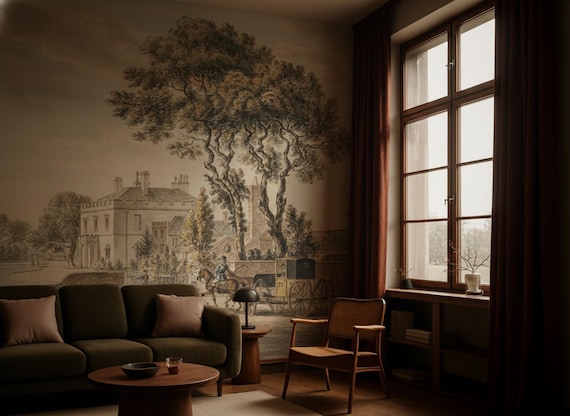 Vintage English Manor Landscape Wallpaper - Antique Pastoral Landscape Wall Mural