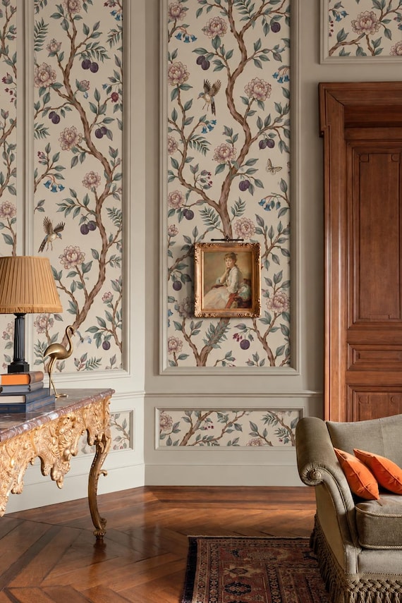 Chinoiserie Tree Wallpaper - Cream Botanical Plum Peony Bird Wall Mural
