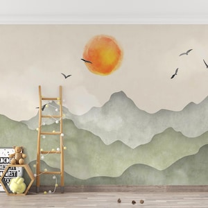 Carta da parati con effetto acquerello tramonto e montagne, montagne con colori pastello, carta da parati tradizionale e stacca e attacca