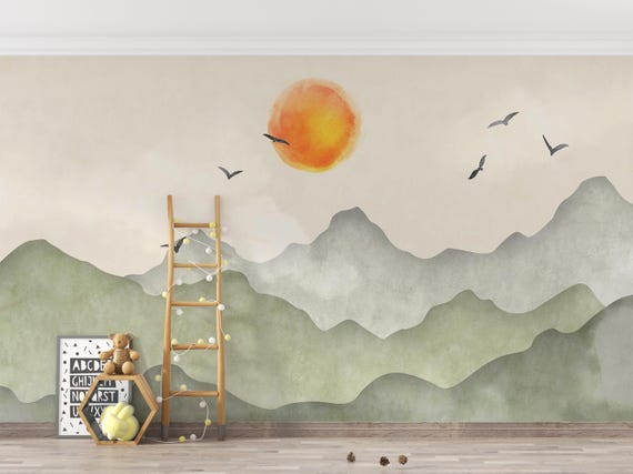 Watercolor Effect Sunset and Mountains Wallpaper, Mountains With Pastel Colours, Traditional and Peel and Stick Wallpaper