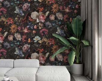 Vintage Floral Wallpaper: Dark Butterfly & Flower Peel and Stick Decor