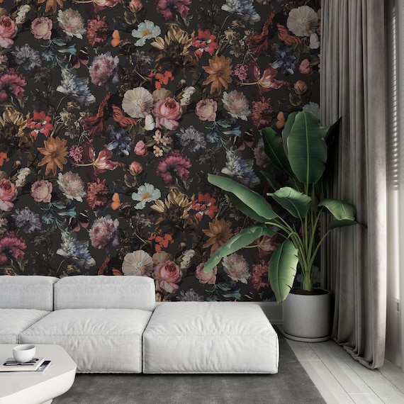 Vintage Style Floral Dark Wallpaper, Home Decor with Butterfly and Flower Motifs, Traditional and Peel and Stick Wallpaper
