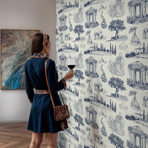 Vintage French Country Wallpaper - Garden Pavilion, Birds, Peacocks and Romantic Landscape