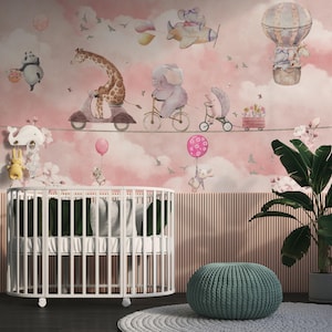 Carta da parati per bambini con animali volanti, animali in bicicletta con palloncini, carta da parati tradizionale e stacca e attacca