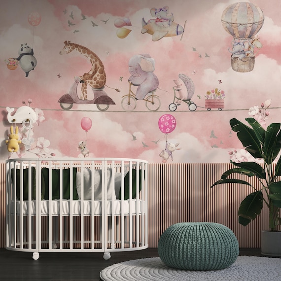Flying Animals Kids Wallpaper, Cycling Animals with balloons, Traditional and Peel and Stick Wallpaper