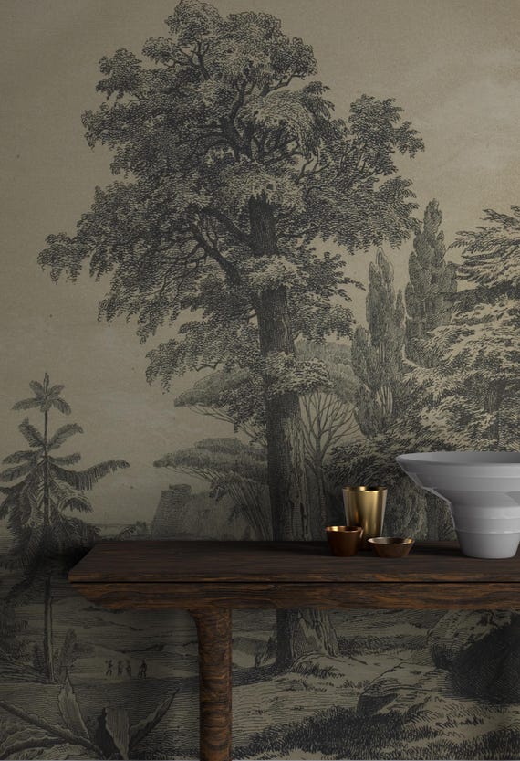 Vintage Sepia Forest Landscape Tapestry Wallpaper, Antique Style Wall Decor, Large Trees Countryside Vintage Wallpaper