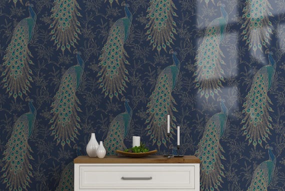 Luxury Peacock Pattern Wallpaper, Elegant Design in Midnight Blue and Gold Glitter,  Traditional and Peel and Stick Wallpaper