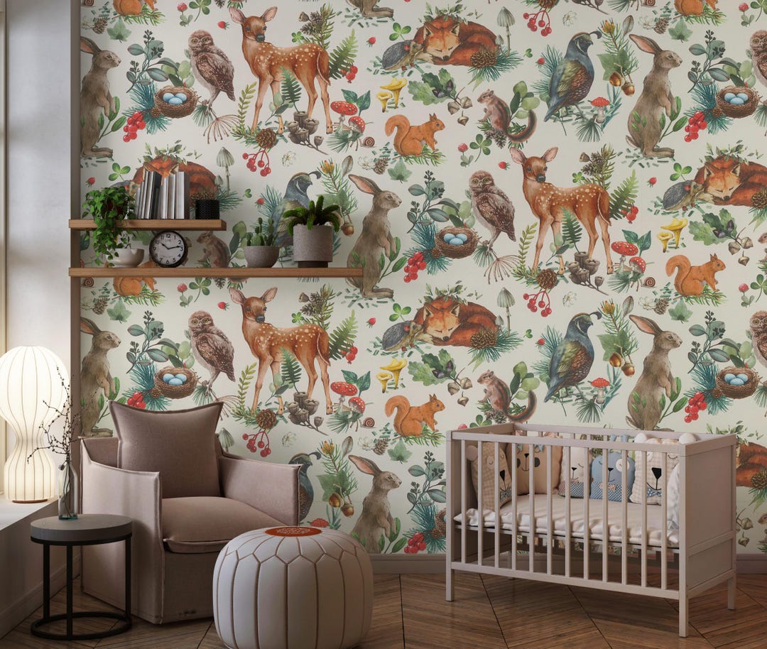 Woodland Animals Nursery Wallpaper: Rustic Forest Peel and Stick Wall ...