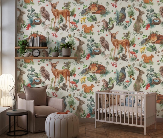 Woodland Animals Rustic Nursery Wallpaper, Forest Wildlife Wall Mural with Deer Owl Fox Rabbit Squirrel,  Peel and Stick Wallpaper