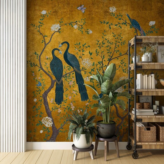 Golden Chinoiserie Wallpaper, Blue Birds Peacocks and Flowering Trees on Golden Wallpaper, Asian Inspired Exotic Garden Scene Mural