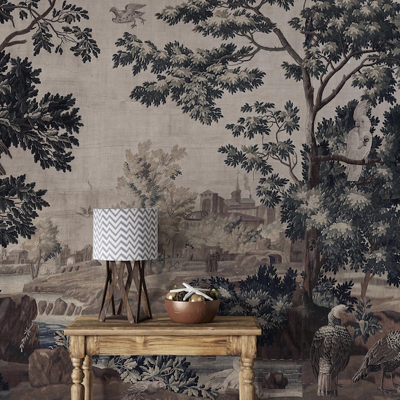 Vintage Forest Landscape Wallpaper, Birds Tapestry, Peel and Stick