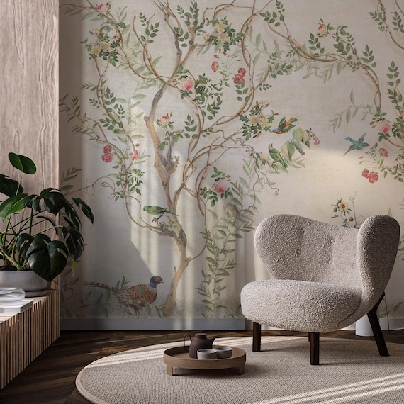 Floral Chinoiserie Wallpaper - Beige Botanical Peel and Stick Wall Mural