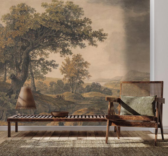 Vintage Landscape Watercolor Wallpaper, Scenic Wall Mural, Traditional and Peel and Stick Wallpaper