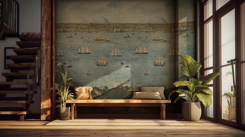 Vintage Sailing Ships And Harbor Scene Wallpaper, Nautical Pell and Stick Wallpaper, Historic Maritime Landscape Removable Wall Mural
