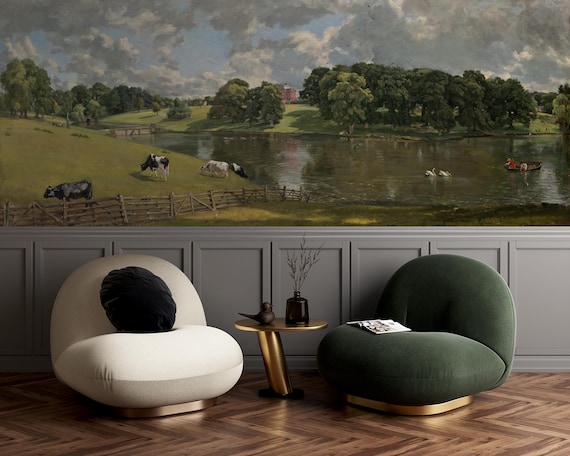 Classic English Countryside Wallpaper, Cows and Fishermen by The Lake, Traditional and Peel and Stick Wallpaper