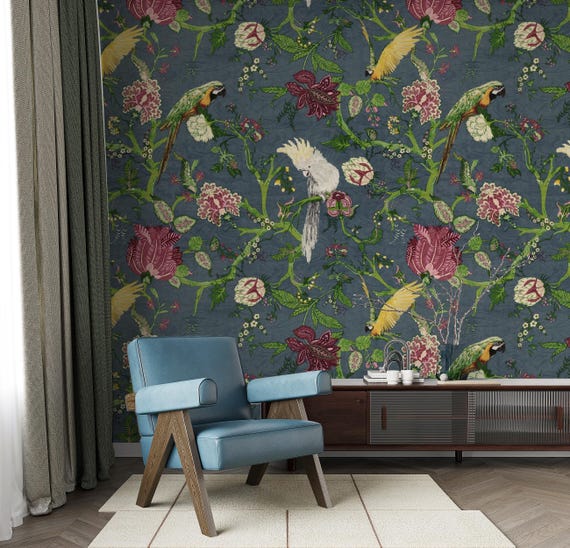 Tropical Bird Wallpaper, Exotic Parrot and Cockatoo, Botanical Jungle Wall Mural, Traditional and Peel and Stick Wallpaper