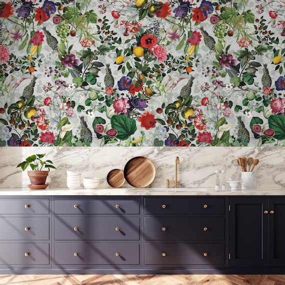 Tropical Fruits Floral Wallpaper, Colorful Jungle Vintage Botanical Garden Wall Mural, Exotic Peel and Stick Decor Plants and Flowers