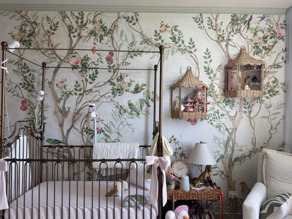 Chinoiserie Wallpaper with Birds and Floral Vines, Vintage Style Botanical Mural, Traditional and Peel and Stick Wallpaper