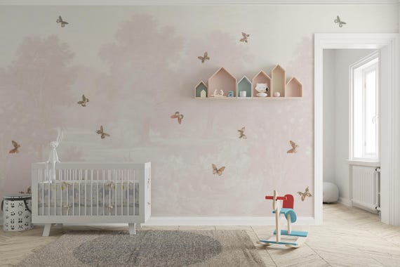 Pink Forest Scene and Elegant Butterflys Wallpaper - Vintage Pastel Nature Wall Mural - Delicate Butterflies Wall Mural, Peel And Stick