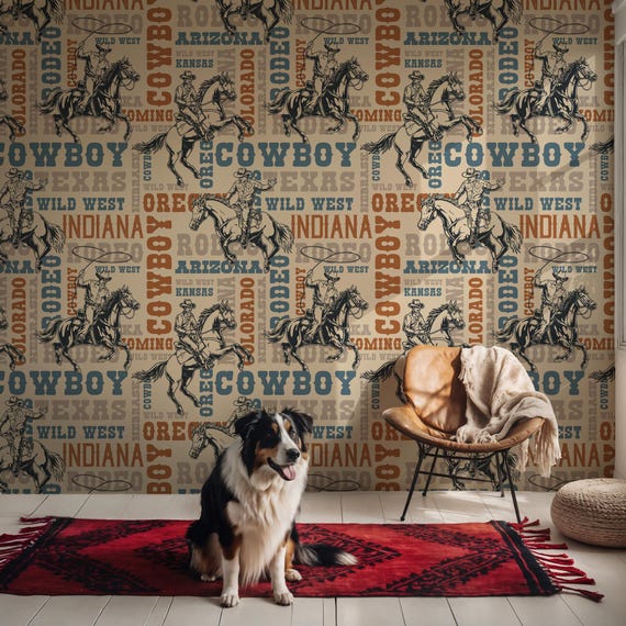 Wild West Cowboy Wallpaper, Rodeo Horse Riding Wall Mural, Vintage Western Typography Wall Art, Rustic Western Home Decor