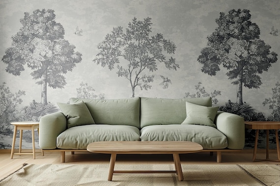 Gray Toile Country Wallpaper - Tree Landscape  Peel and Stick Wallpaper