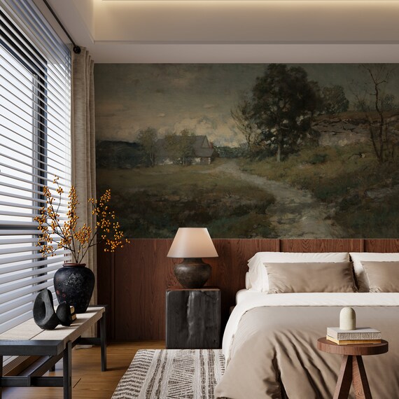 Vintage Print Country Landscape Painting Wallpaper, Cozy Landscape Art Wall Mural, Traditional and Peel and Stick Wallpaper