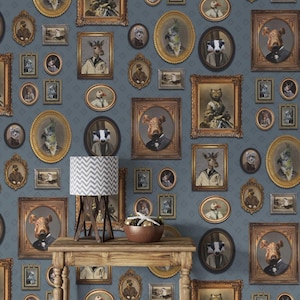 Carta da parati vintage con ritratto di animali, murale in stile vittoriano eccentrico, decorazione da parete eccentrica, carta da parati tradizionale e stacca e attacca