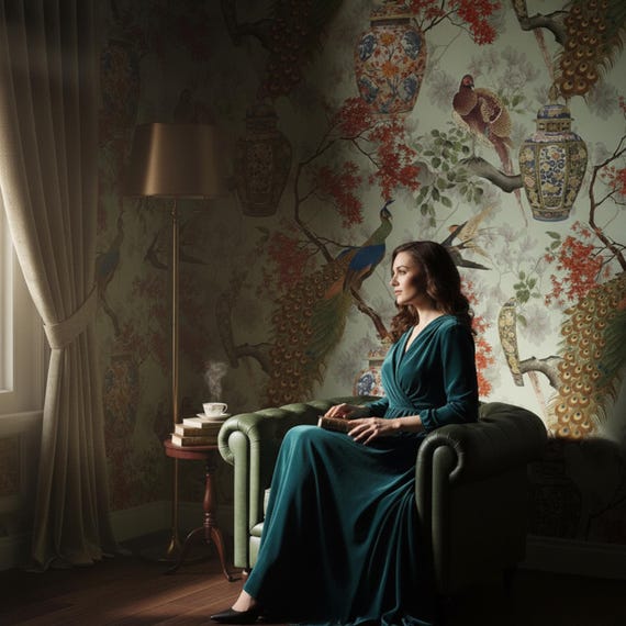 Chinoiserie Peacock Wallpaper - The Elegance of a Quiet Garden, Oriental Vases and Red Maple Branches Wallpaper