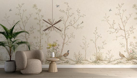 Bird and Blossom Chinoiserie Wallpaper - Pheasant Floral Botanical Wall Mural