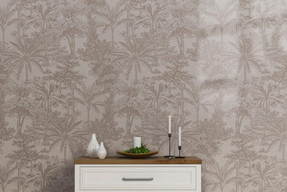 Sepia Tropical Toile Wallpaper, Vintage Jungle Wall Mural, Classic Botanical Palm Tree Pattern, Elegant Nature-Inspired Home Decor