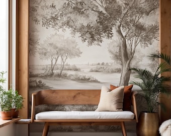 Papel pintado vintage con paisaje pastoral: Mural autoadhesivo con acuarela de bosques y colinas.