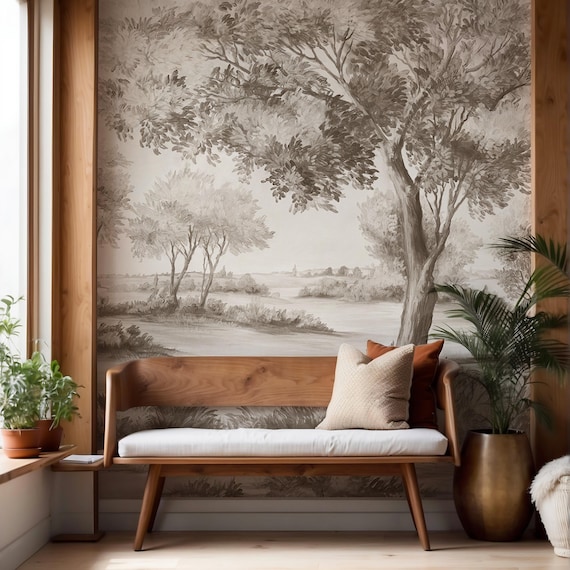 Vintage Pastoral Landscape Wallpaper – Watercolor Forest Hills Nature Peel and Stick Wall Mural