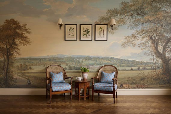 Vintage English Landscape Wallpaper, Scenic Landscape Wall Art, Peel and Stick