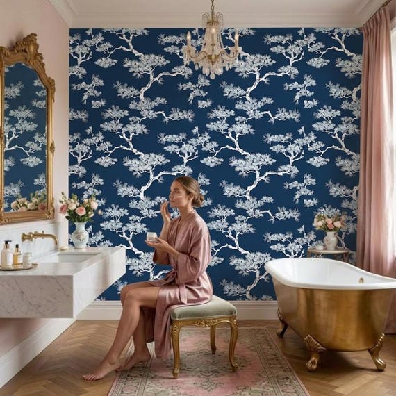 Navy Blue Chinoiserie Wallpaper - Elegant Japanese Bonsai Style Peel and Stick Wall Mural