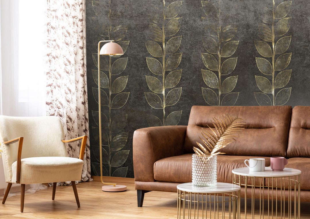 Black and Gold Leaf Wallpaper - Modern Art Deco Botanical Peel & Stick ...
