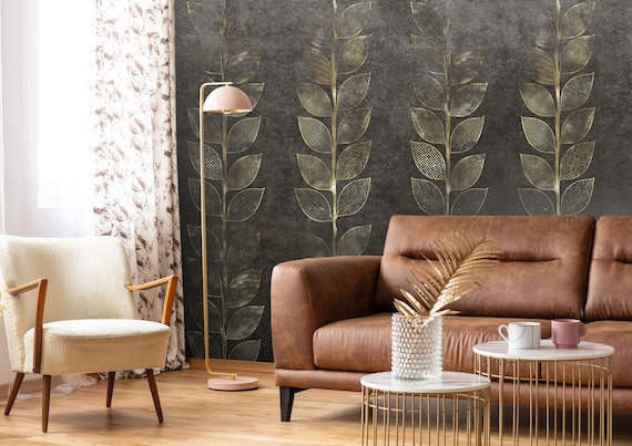 Black and Gold Leaf Wallpaper - Modern Art Deco Botanical Peel & Stick Luxury Design